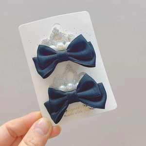 Barrettes à cheveux fille avec nœuds en satin bleu marine, couronne argentée et perles