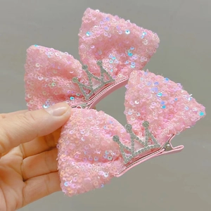 Rosa Pailletten-Haarschleifen für Mädchen mit silbernem Kronen-Detail im Set für Kinder