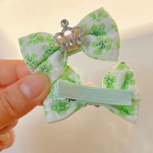 Vue détaillée de pinces à cheveux à fleurs vert clair avec couronne argentée et strass