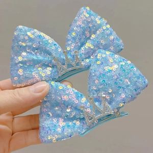 Glitzernde hellblaue Pailletten-Haarschleifen mit silberner Metallkrone für Mädchen Zweier-Set