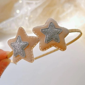 Cerchietto velluto bimbi con stelle rosa cucite e glitter argentati scintillanti