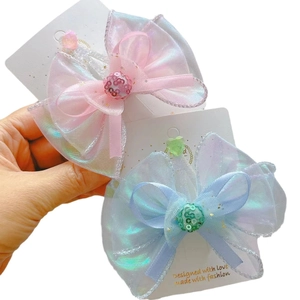 Iridescent mermaid princess bow hair clips with crown heart sequins for girls