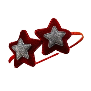 Cerchietto per bambini in velluto rosso con stelle glitterate argento per feste e festival