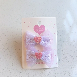 Sweet purple lace mesh bow hair clips set with pink glitter hearts for girls