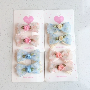 Floral lace bow hair clips set with ribbon roses on display cards for girls