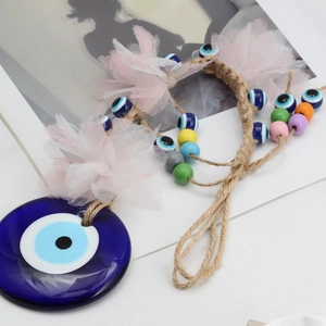 Blue Evil Eye Glass Hanging Ornament Turkish Nazar Amulet Wall Decor Car Pendant With Pink Mesh Flowers Hemp Rope