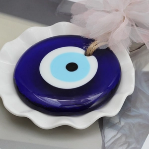 Blue glass evil eye wall hanging charm with hemp rope for home and car decor
