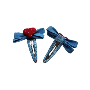Lot de deux barrettes à nœuds en denim avec cœurs à pois rouges pour filles