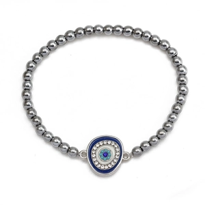 Evil Eye beaded bracelet with hematite-style beads and sparkling crystal pendant