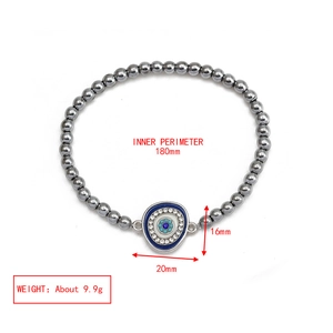 Detailed size specifications for Evil Eye beaded bracelet with grey stones and enamel pendant