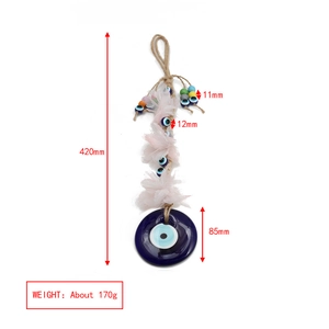 Detailed view of Turkish Evil Eye wall hanging with dimensions and 85mm glass pendant