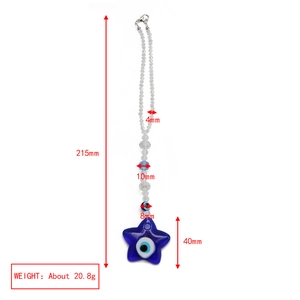 Detailed size measurement chart for evil eye star keychain with blue crystal beads