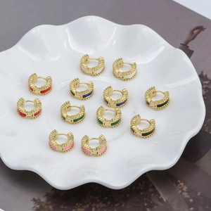 Set of 6 pairs colorful enamel C-shape hoop earrings with gold gear texture