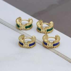 Vintage Copper C-Shaped Huggie Earrings With Colorful Enamel Geometric Textured Gold Plated Hoop Earrings For Women Jewelry