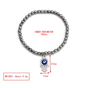 Detail view of hematite beaded bracelet with Hamsa Hand and Evil Eye charm dimensions