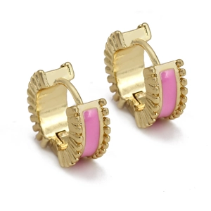 Chic gold C-shaped hoop earrings with pink enamel and evil eye wavy texture detail