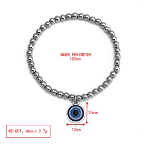 Detailed specs of the Evil Eye beaded bracelet showing size 180mm and pendant dimensions