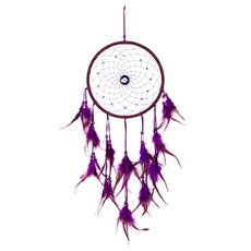 Detail view of purple dreamcatcher pendant with blue evil eye bead and feathers