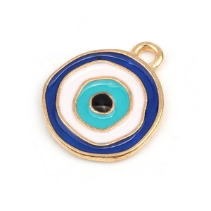 Golden evil eye charm with blue concentric circles for DIY necklace jewelry making
