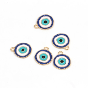 Close-up of five evil eye DIY charms in blue enamel with gold alloy circular frames