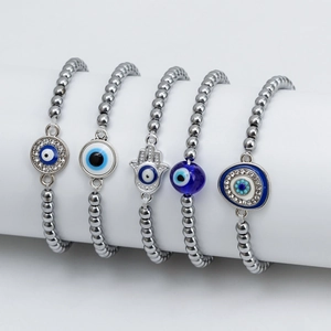 Bohemian Evil Eye Hamsa Hand Beaded Bracelet For Women Men Hematite Stone Alloy Rhinestone Turkish Nazar Protection Lucky Jewelry