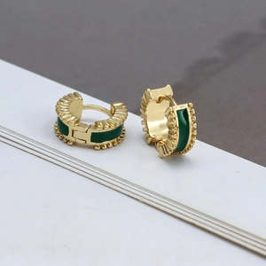Retro C-shape gold earrings with dark green enamel and vintage beaded edge texture