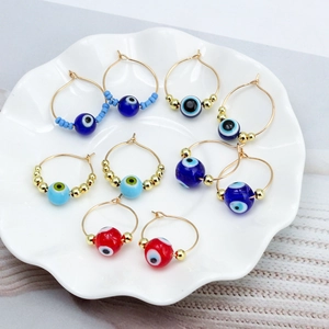 Bohemian Gold Alloy Evil Eye Hoop Earrings For Women Blue Red Glass Bead Drop Earrings Ethnic Turkish Style Fashion Jewelry
