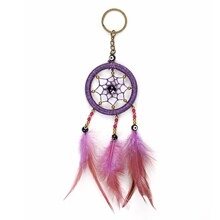 Macro detail of purple dreamcatcher keychain with feathers and devil's eye beads