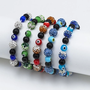 Ethnic Evil Eye Beaded Bracelet Natural Stone Matte Black Beads Rhinestone Inlaid Elastic Wristband For Women Boho Jewelry