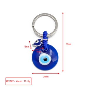 Detailed size measurement chart of the blue evil eye keychain with technical dimensions