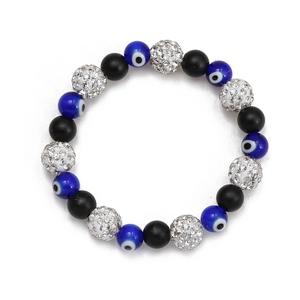 Blue Evil Eye beaded bracelet with matte black beads and sparkling rhinestone ball charm