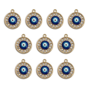 Set di 10 ciondoli tondi blu malocchio con strass scintillanti e lega dorata lucida