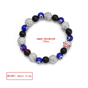 Detail view of Evil Eye beaded bracelet showing 175mm circumference and 8mm 10mm bead sizes