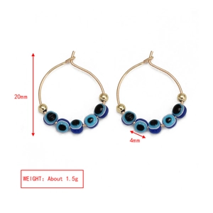Detail showing 20mm gold hoop earrings with 4mm evil eye beads and dimensions