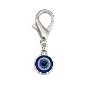 Detailed macro view of evil eye keychain with blue enamel charm and silver lobster clasp