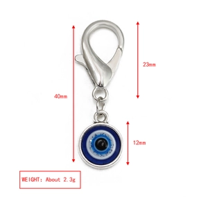 Blue evil eye keychain dimension chart showing 40mm length and 12mm bead diameter