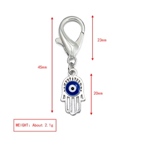 Detailed dimensions of silver Hamsa keychain with Evil Eye pendant and lobster clasp