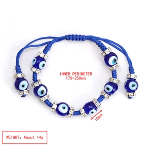 Detail showing adjustable evil eye braided bracelet with blue glass beads and rhineliner spacers