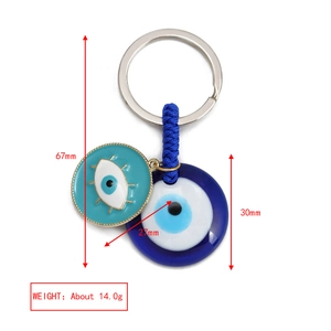 Detailed dimensions of Evil Eye keychain with glass pendants and braided rope cord