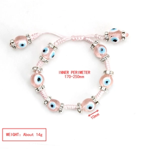 Pink evil eye braided bracelet detail showing adjustable sizing 170-250mm with 10mm beads