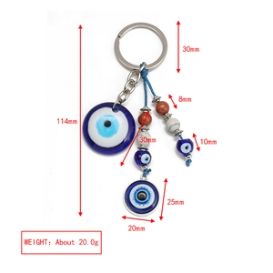 Detail showing dimensions of alloy Evil Eye keychain with blue beads and measurements