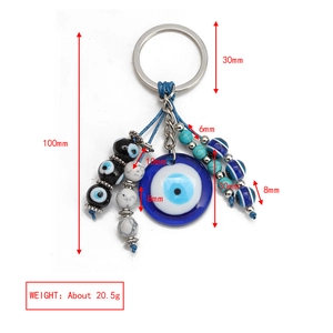 Detailed view of Turkish evil eye keychain with blue glass pendant and size dimensions