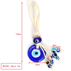 Detailed view of Turkish Evil Eye glass charm with size specs on braided rope