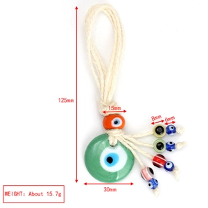 Detailed view of Turkish Evil Eye hanging ornament with dimensions and multi-colored beads