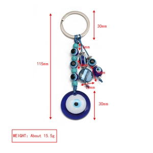 Detailed size measurement of blue Evil Eye keychain with dimensions and silver metal ring
