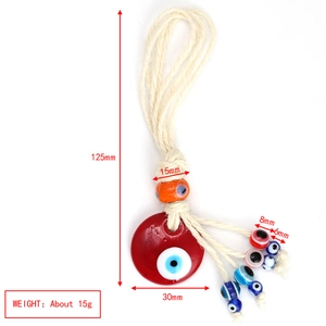 Detailed dimensions of the woven red Turkish Evil Eye pendant with rope hanging cord