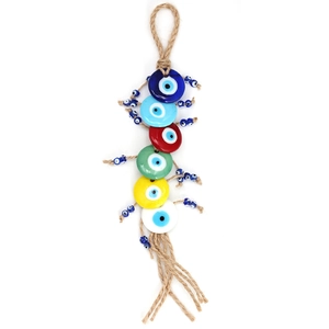 Ethnic glass evil eye pendant with colorful beads, hemp rope and tassel fringe decor