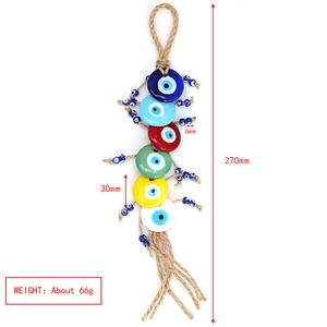 Detailed dimensions of 270mm Evil Eye tassel pendant with hemp rope and glass beads