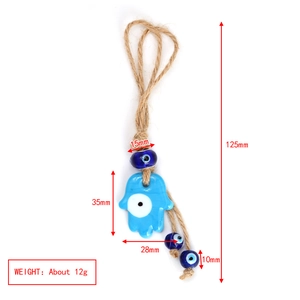 Detailed view of Hamsa Hand and Evil Eye glass pendant with rustic jute rope dimensions