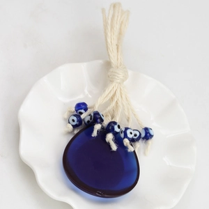 Turkish blue evil eye glass pendant with white hemp rope and small beads wall hanging